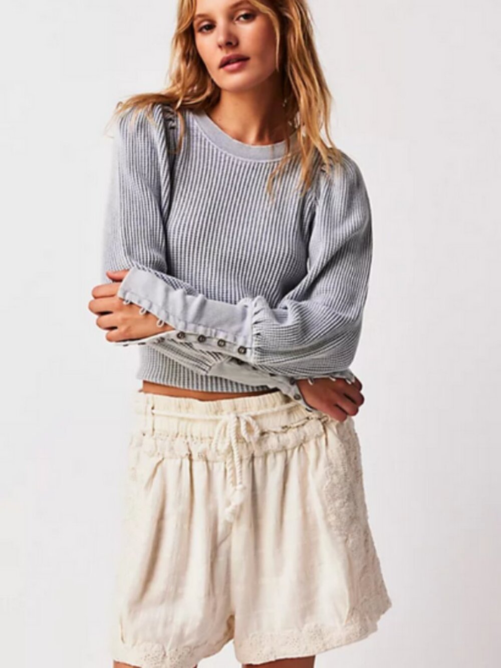Free People FP One Wesley Thermal Top Long Sleeve Button Scoop Neck Blouse XL